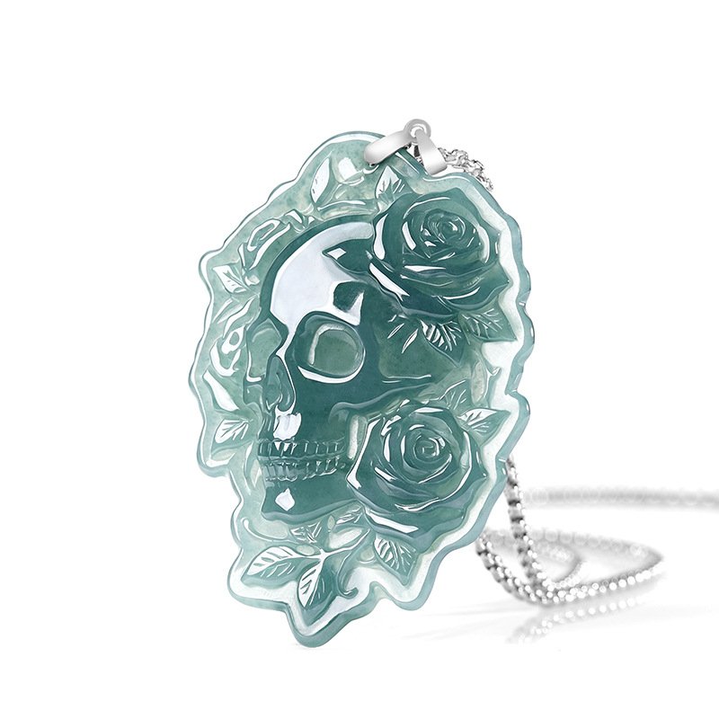 Women Fashion Designer - Natural Burmese Jadeite Skull Pendant Necklace