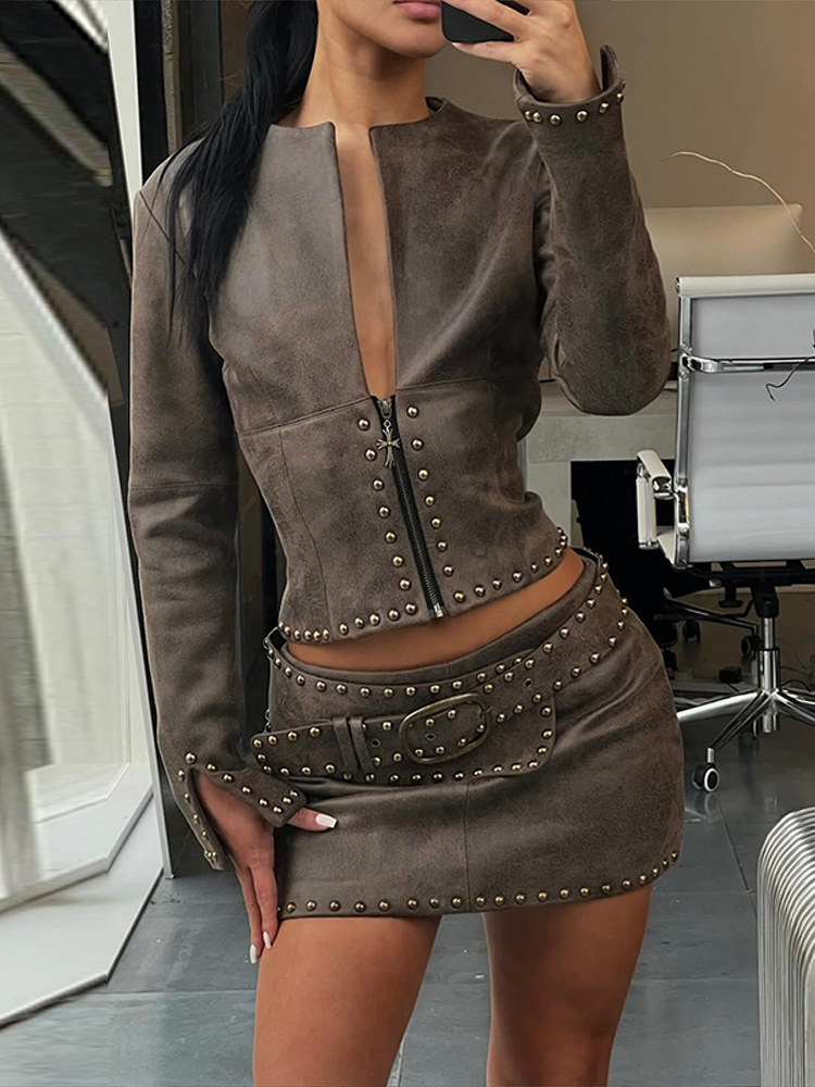 Y2k Leather Skirt Set Women Ri - đánh giá và giá Women'S Fashion Long Coat